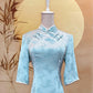 Light Blue Chinese Silk Cheongsam with Sleeves, Blue Frog Knots and Cream Triming