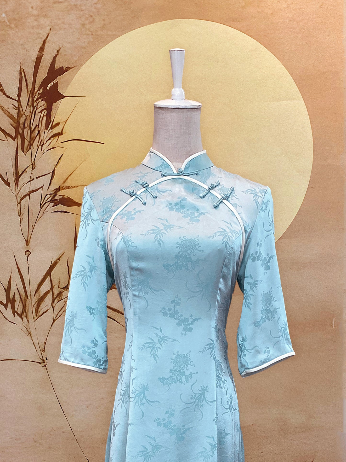 Light Blue Chinese Silk Cheongsam with Sleeves, Blue Frog Knots and Cream Triming
