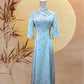 Light Blue Chinese Silk Cheongsam with Sleeves, Blue Frog Knots and Cream Triming