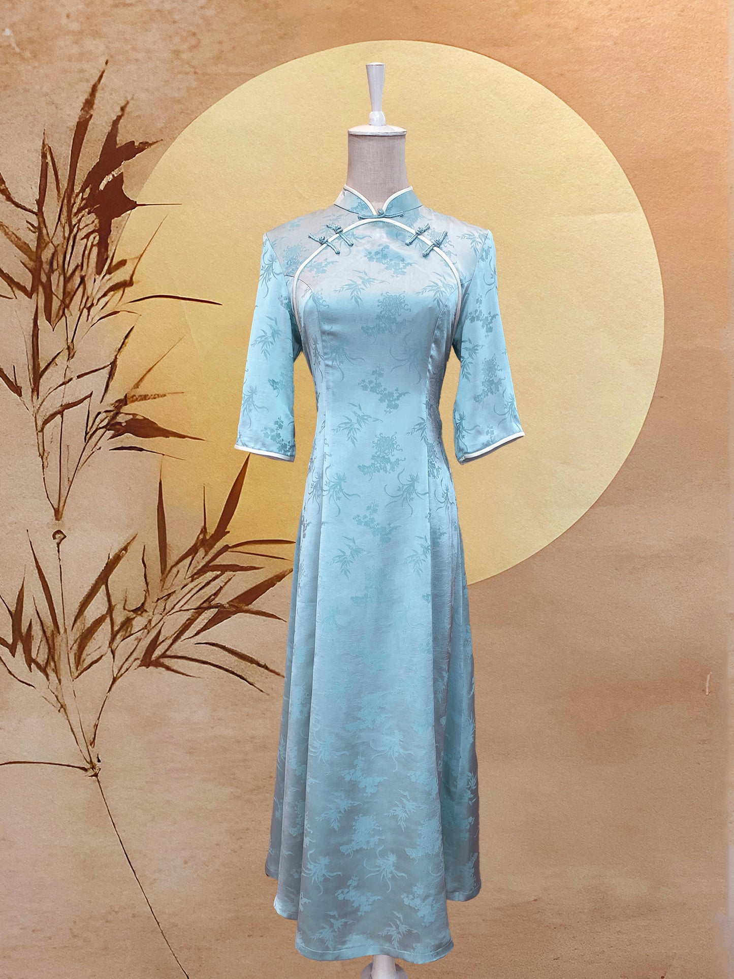 Light Blue Chinese Silk Cheongsam with Sleeves, Blue Frog Knots and Cream Triming