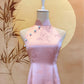 Light Pink Chinese Silk Cheongsam with Mint Jade Beads