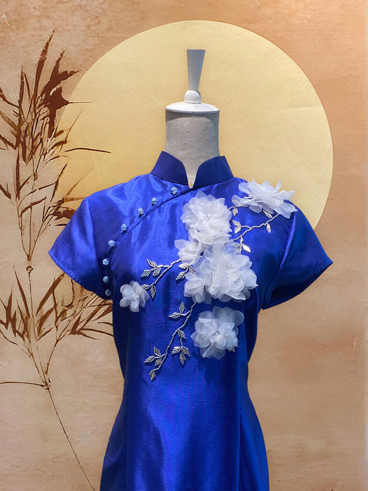 Electric Blue Thai Silk Cheongsam with Beaded Floral Embellishments