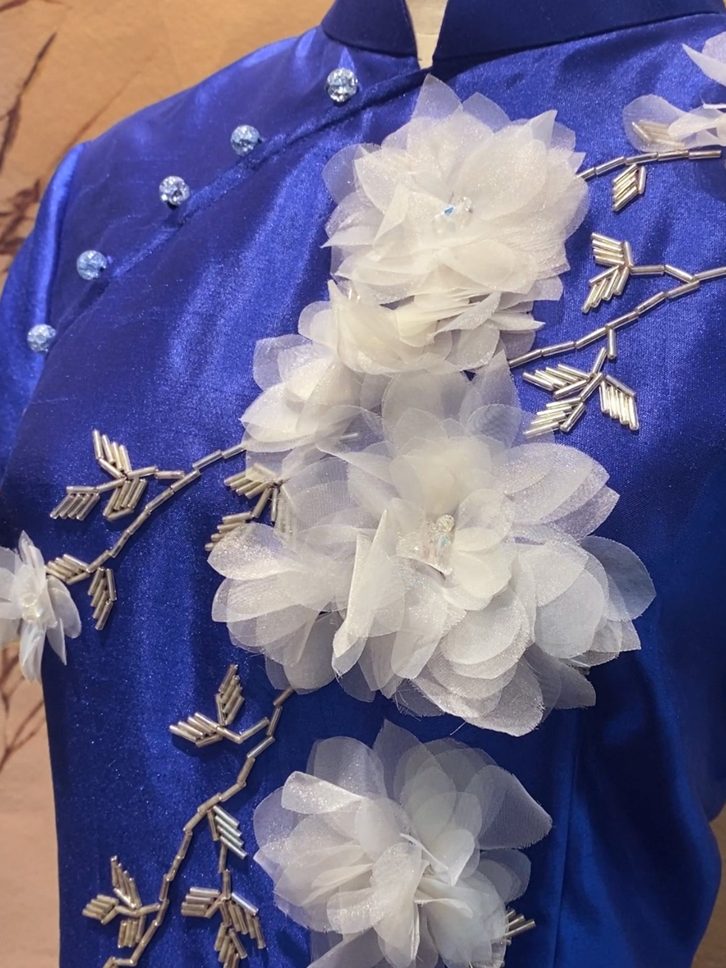 Electric Blue Thai Silk Cheongsam with Beaded Floral Embellishments