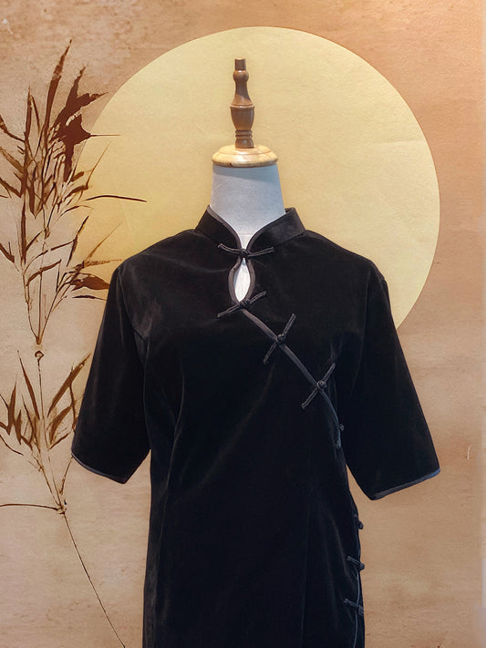 2pc Black Velvet Top with Front Peephole and Chinese Knots, and Pants