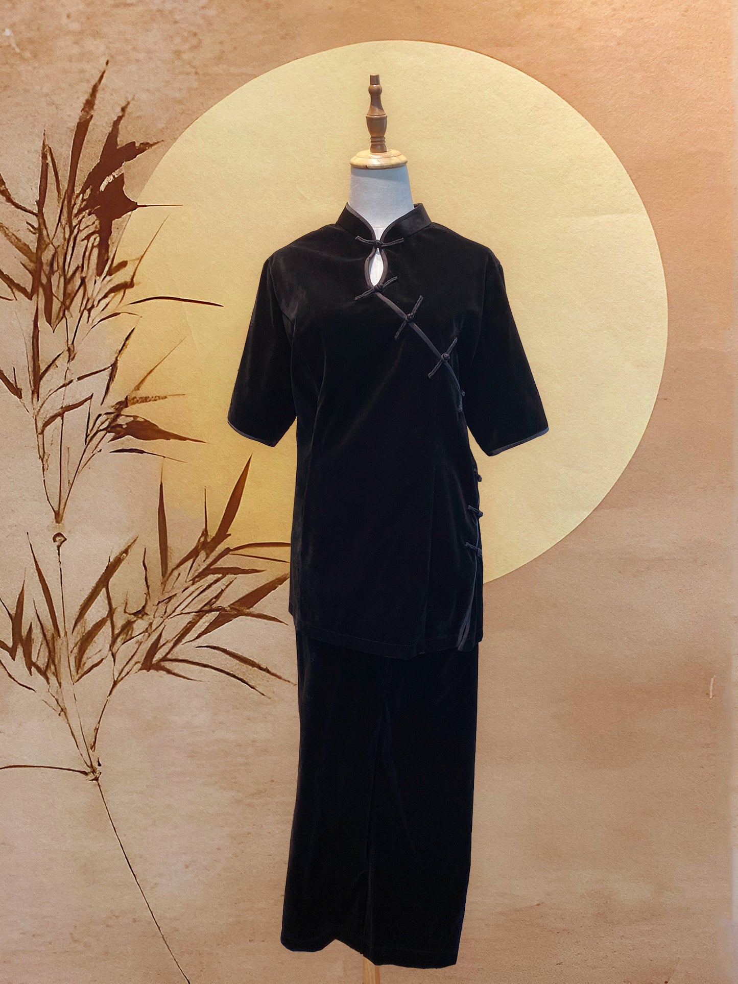 2pc Black Velvet Top with Front Peephole and Chinese Knots, and Pants