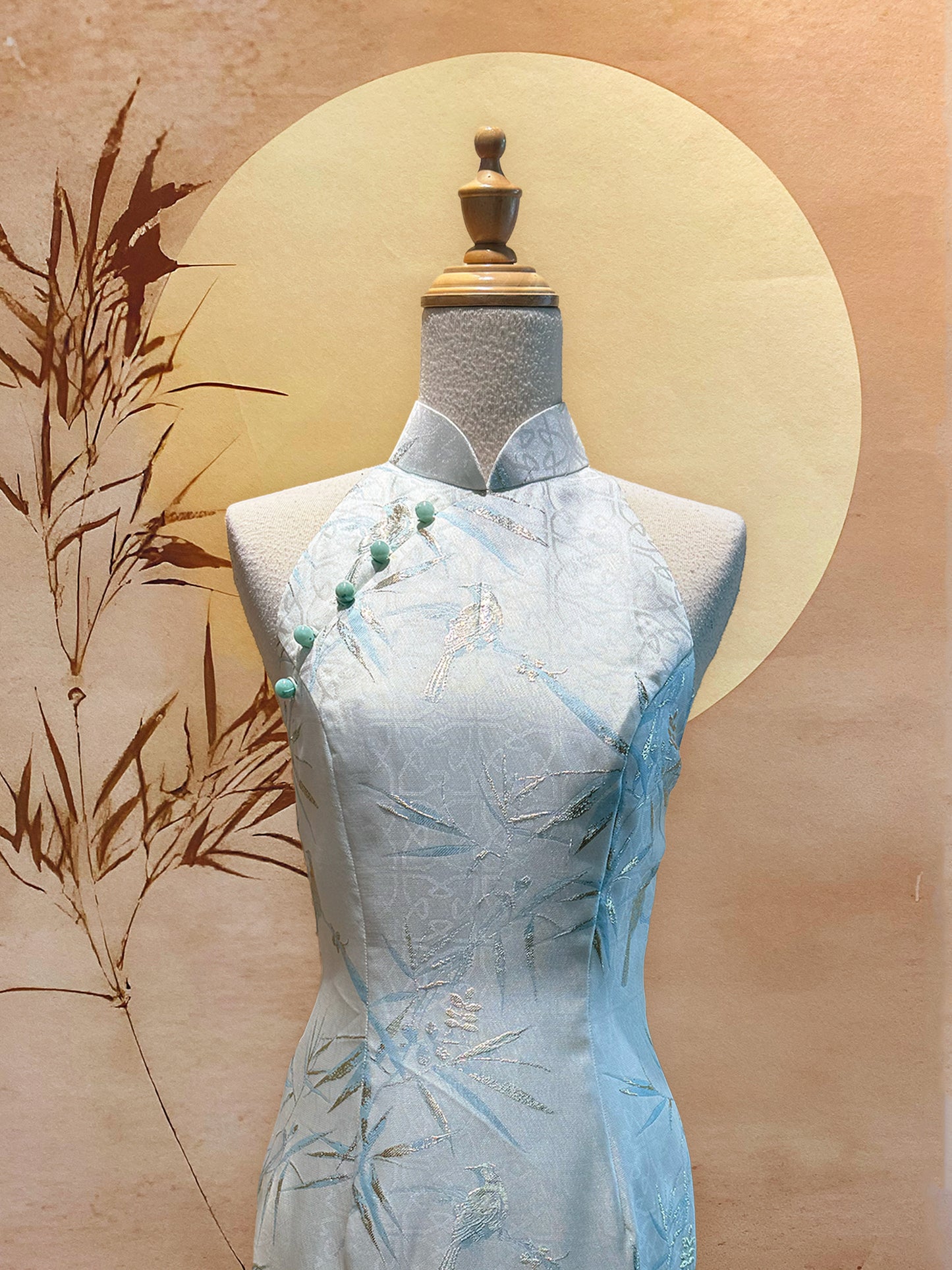 Mint Bird Jacquard Cheongsam with Diamond Back Cut-Out