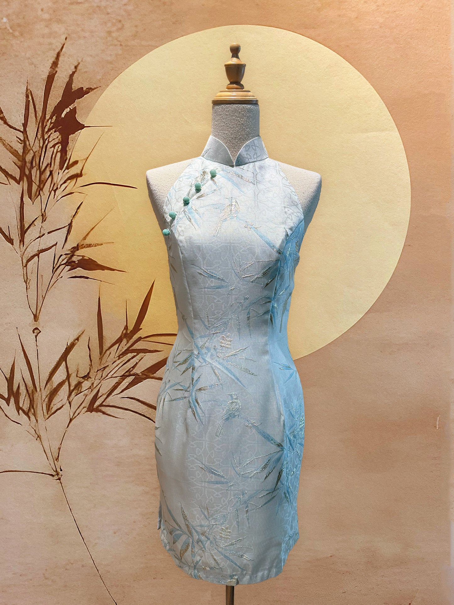 Mint Bird Jacquard Cheongsam with Diamond Back Cut-Out