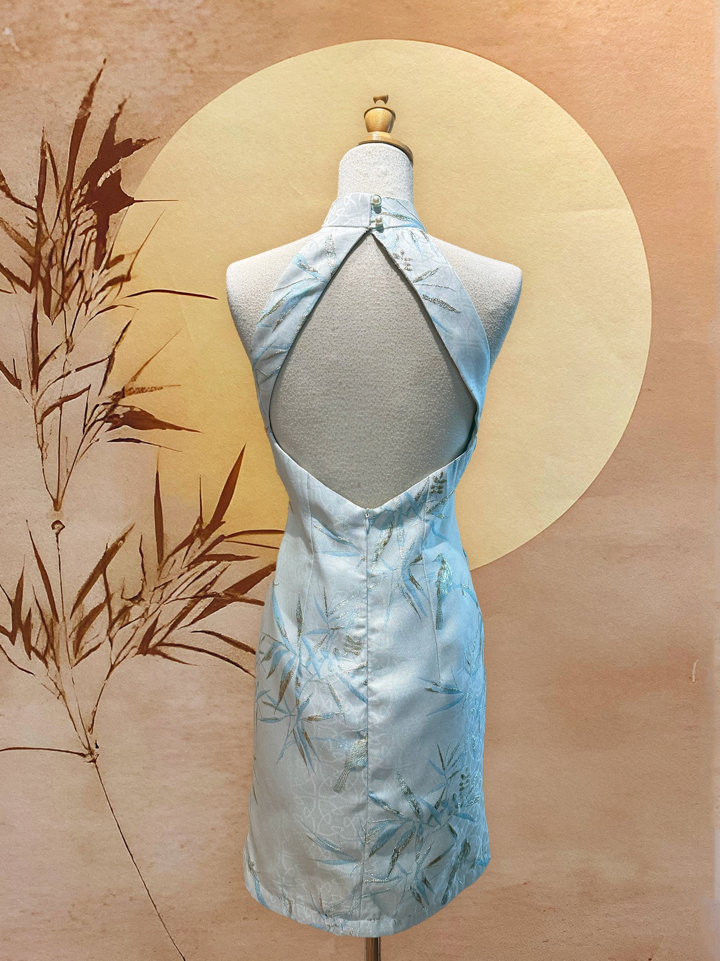 Mint Bird Jacquard Cheongsam with Diamond Back Cut-Out