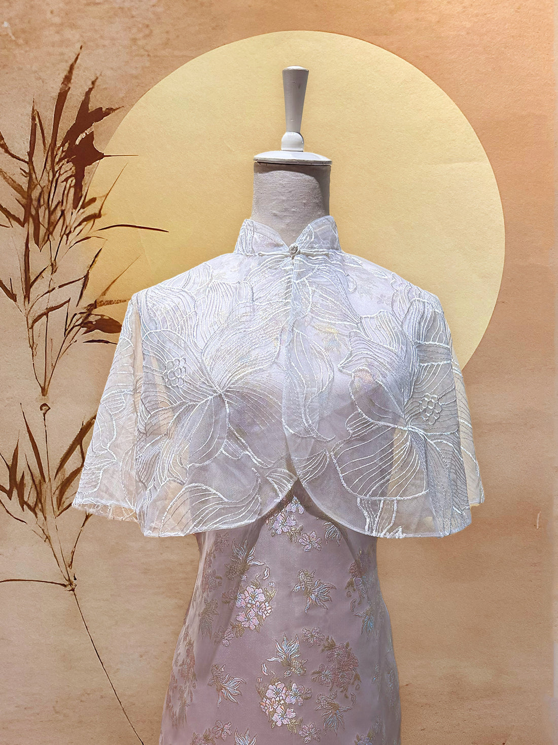 Pink Jacquard Cheongsam with Front Peephole and Gold Trimming, and Whi ...