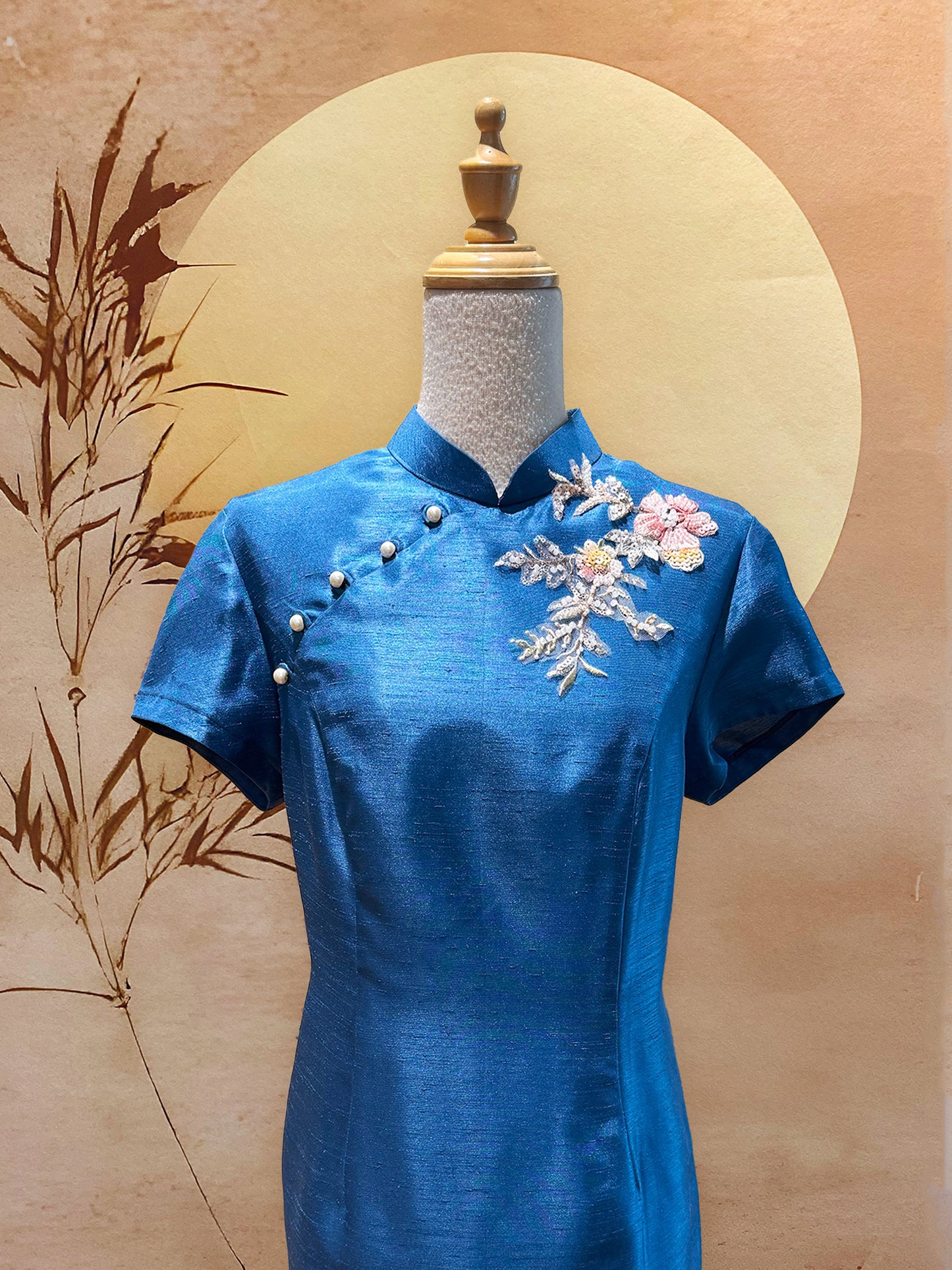 Sapphire Blue Thai Silk Cheongsam with Floral Appliqué