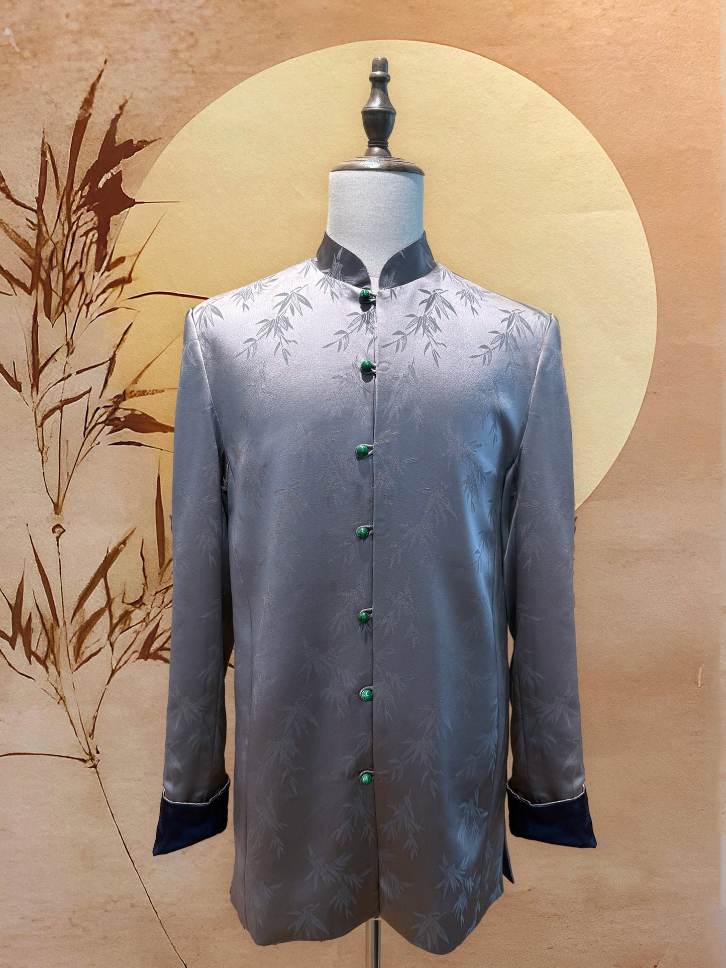 Silver Grey Chinese Silk Tang Shirt with Jade Beads