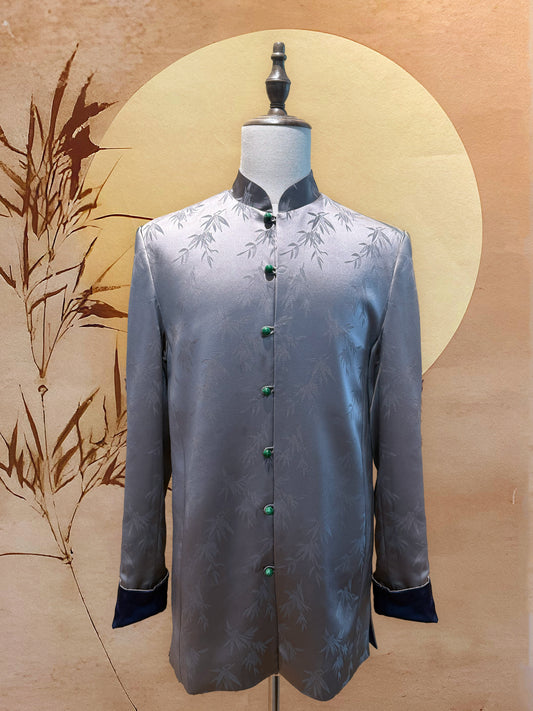 Silver Grey Chinese Silk Tang Shirt with Jade Beads