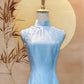 Icy Blue Silk Satin Cheongsam with White Trimming and Laser Cut Detailing