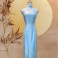 Icy Blue Silk Satin Cheongsam with White Trimming and Laser Cut Detailing