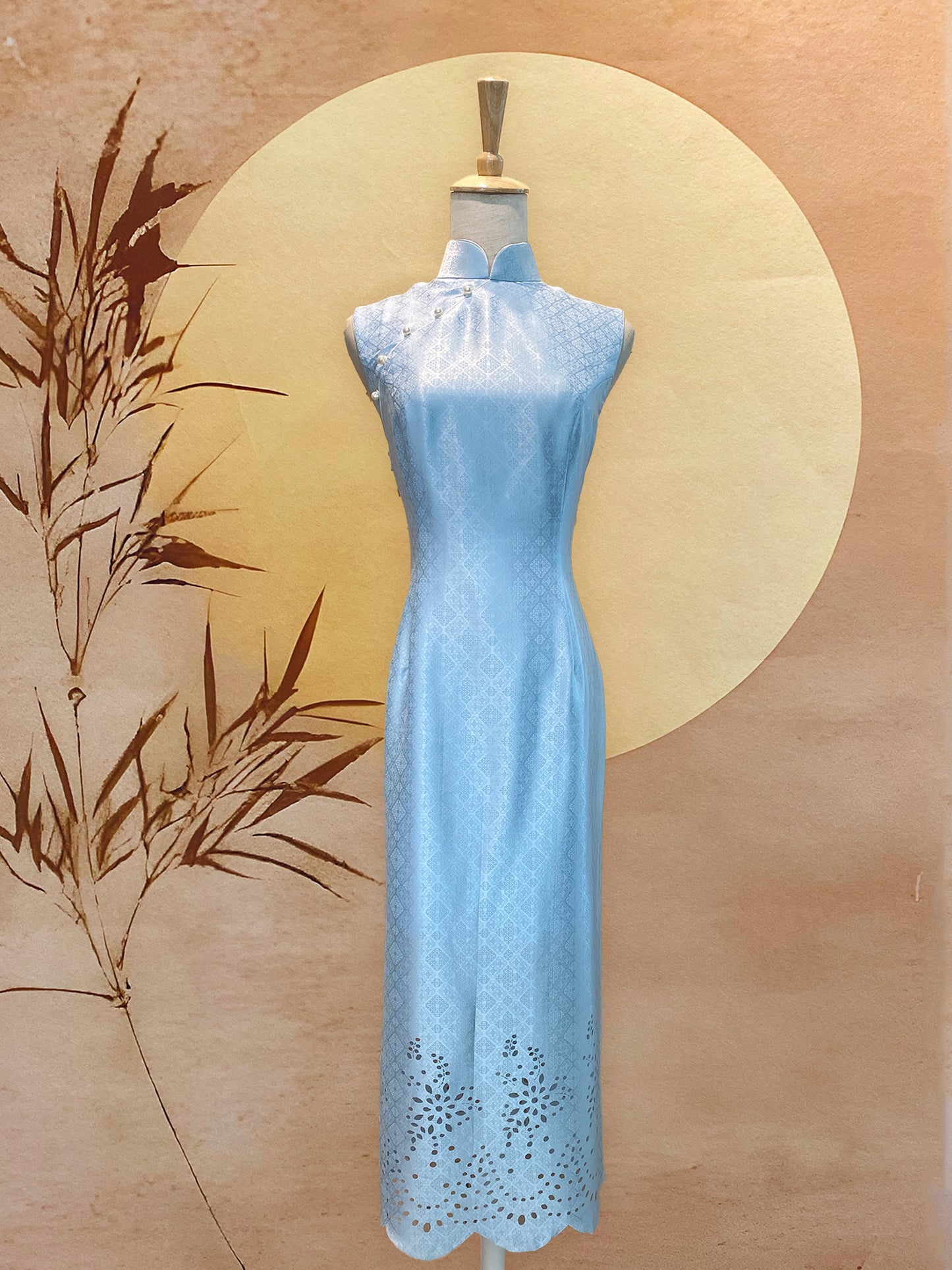 Icy Blue Silk Satin Cheongsam with White Trimming and Laser Cut Detailing