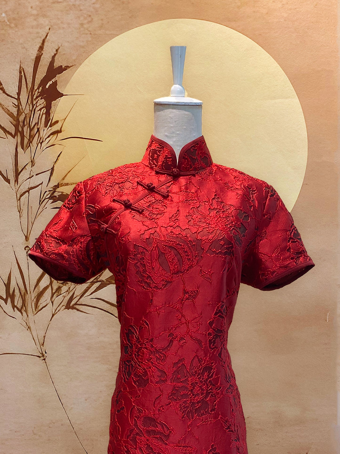 Red Floral Jacquard Cheongsam with Frog Knots