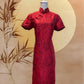 Red Floral Jacquard Cheongsam with Frog Knots