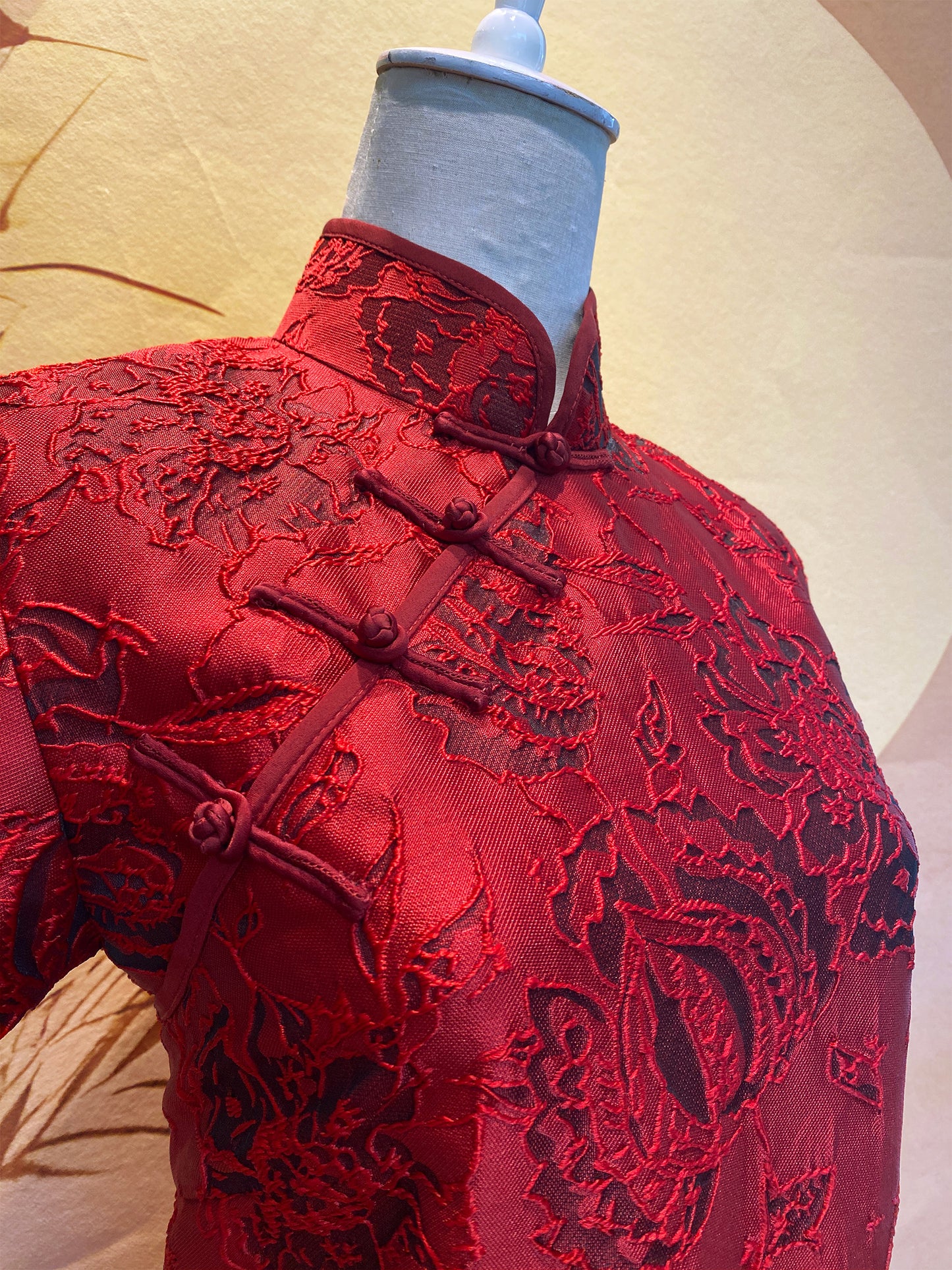 Red Floral Jacquard Cheongsam with Frog Knots