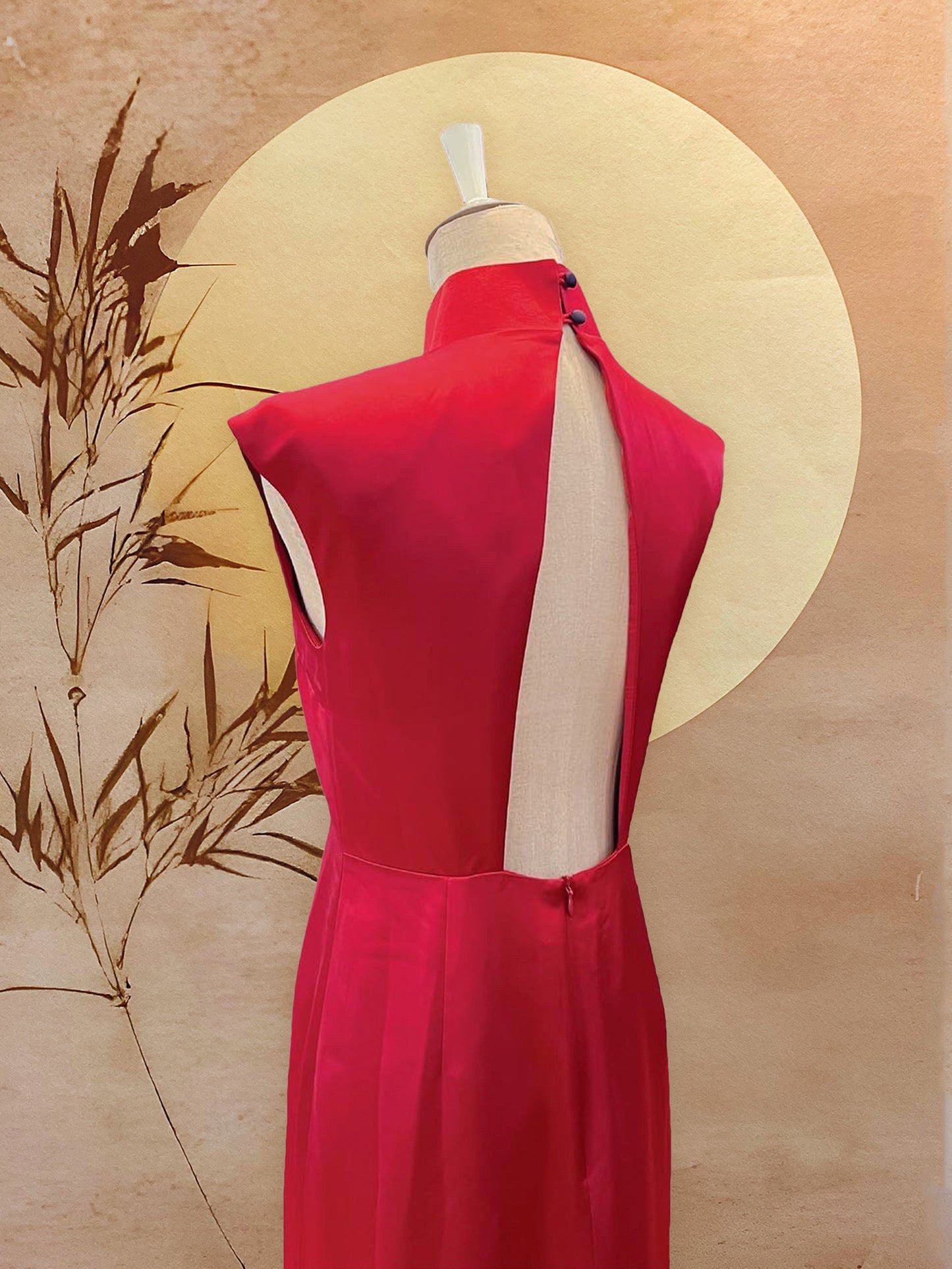 Red Satin Dress with Full Beads and Back Cut-Out
