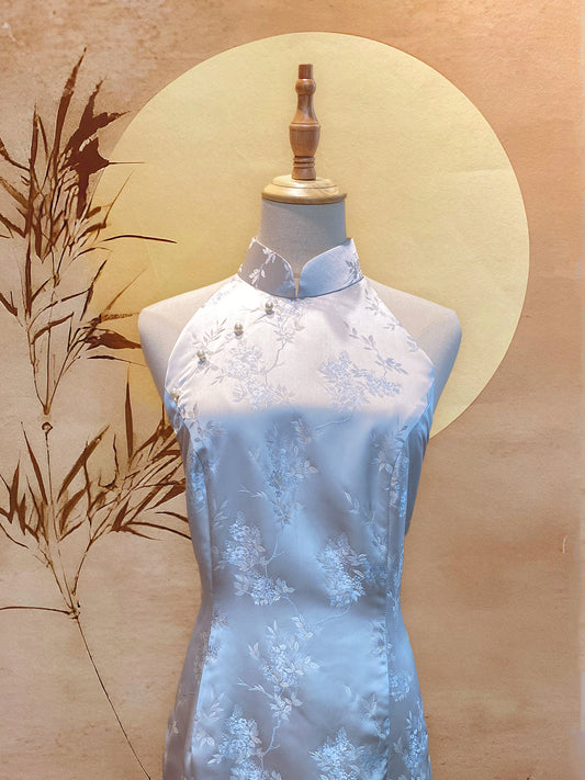 Silver Chinese Jacquard Cheongsam with Diamond Back Cut-Out