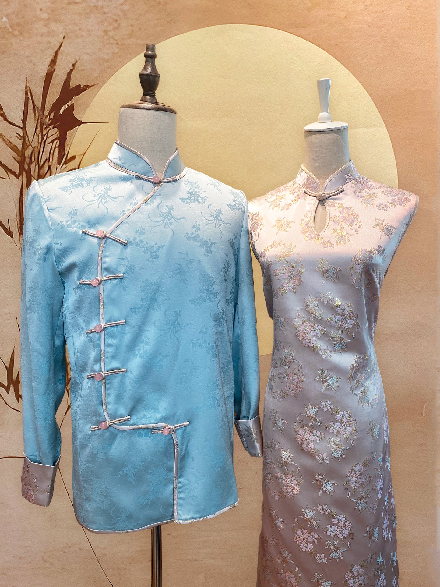 Couple Set: Light Blue Chinese Silk Tang Shirt with Pink Jacquard Cuffs, Trimming and Full Frog Buttons and Pink Jacquard Cheongsam with Gold Trimming