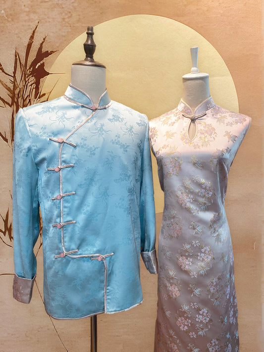 Couple Set: Light Blue Chinese Silk Tang Shirt with Pink Jacquard Cuffs, Trimming and Full Frog Buttons and Pink Jacquard Cheongsam with Gold Trimming
