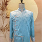 Couple Set: Light Blue Chinese Silk Tang Shirt with Pink Jacquard Cuffs, Trimming and Full Frog Buttons and Pink Jacquard Cheongsam with Gold Trimming