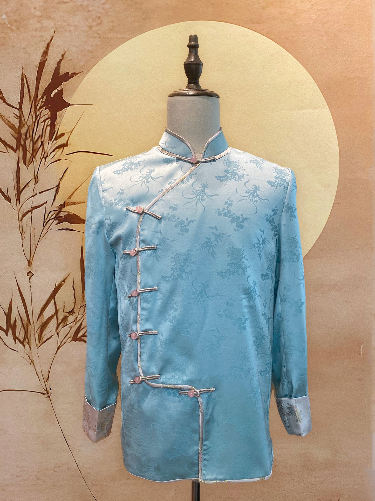 Couple Set: Light Blue Chinese Silk Tang Shirt with Pink Jacquard Cuffs, Trimming and Full Frog Buttons and Pink Jacquard Cheongsam with Gold Trimming