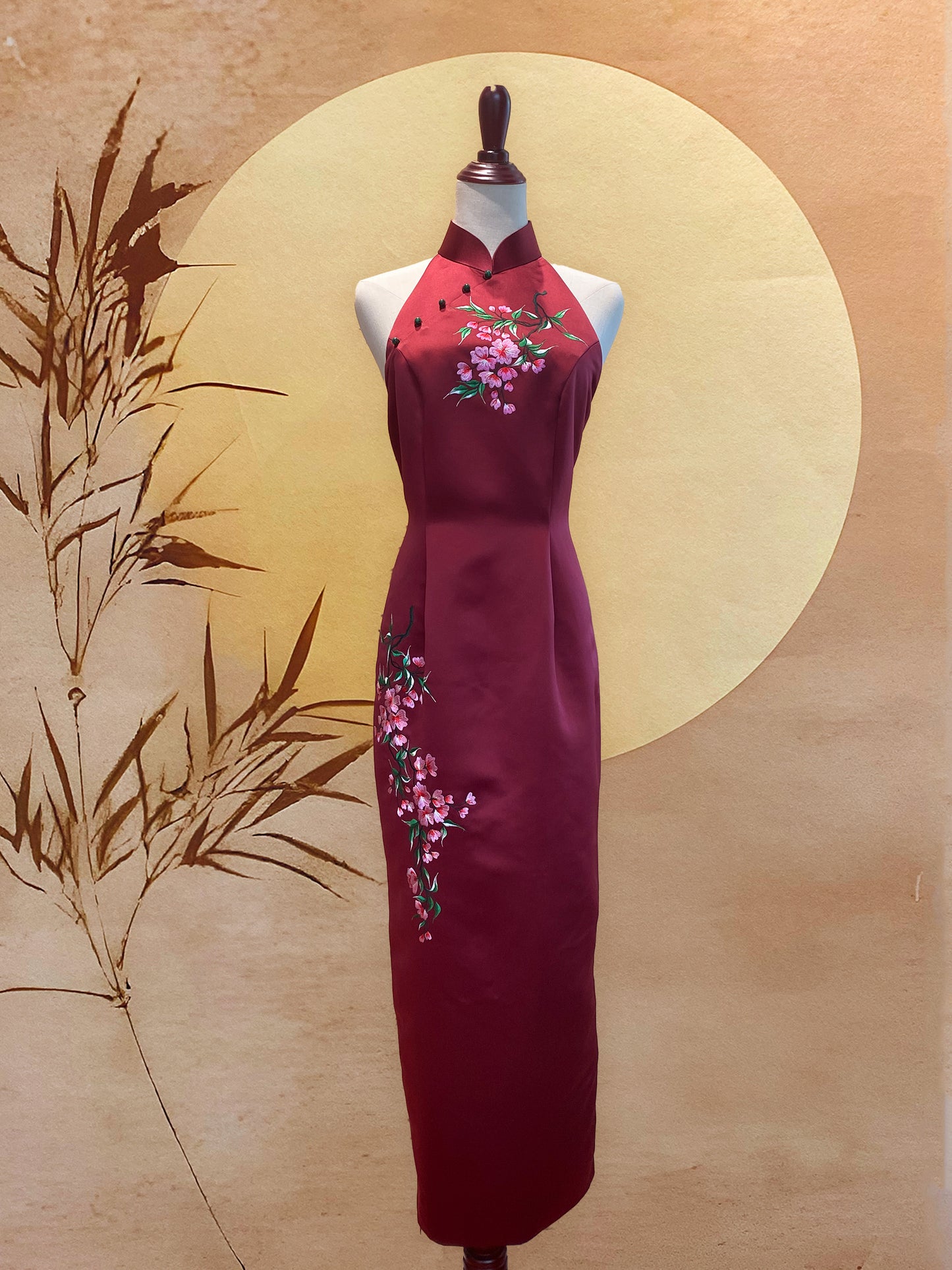 Maroon Red Embroidery Satin Cheongsam