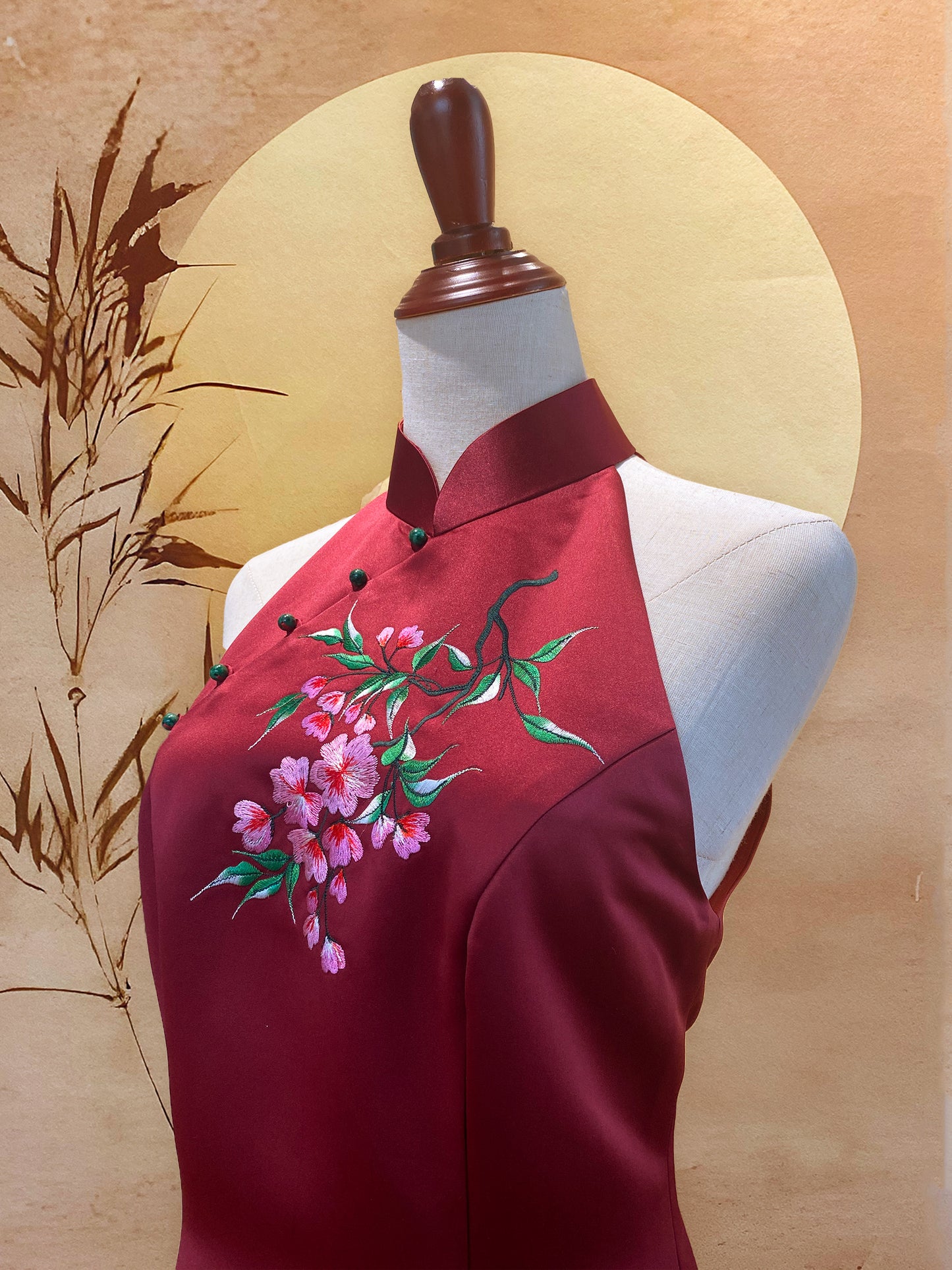 Maroon Red Embroidery Satin Cheongsam