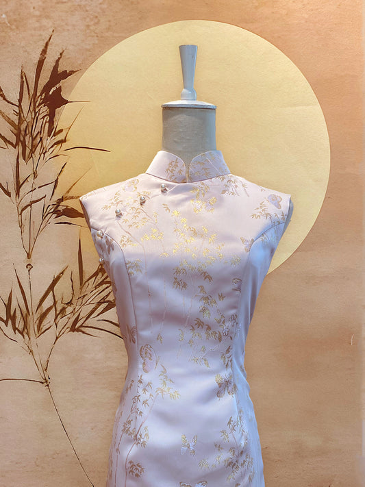 white and gold chinese dress Mulberry Silk Improved Cheongsam – New Chinese Style Floral A-Line Dress main image 1