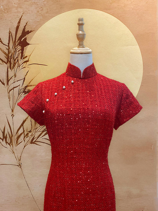 Red Sequin Tweed Cheongsam
