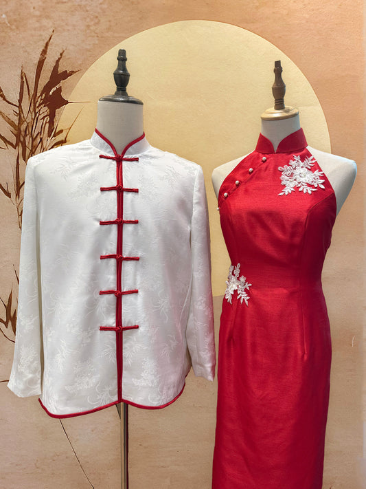 Couple Set: White Chinese Silk Tang Shirt with Red Trimming and Frog Knots & Red Thai Silk with White Floral Embroidery Cheongsam