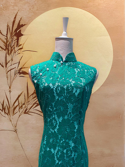 Green Lace with Light Blue Lining Cheongsam