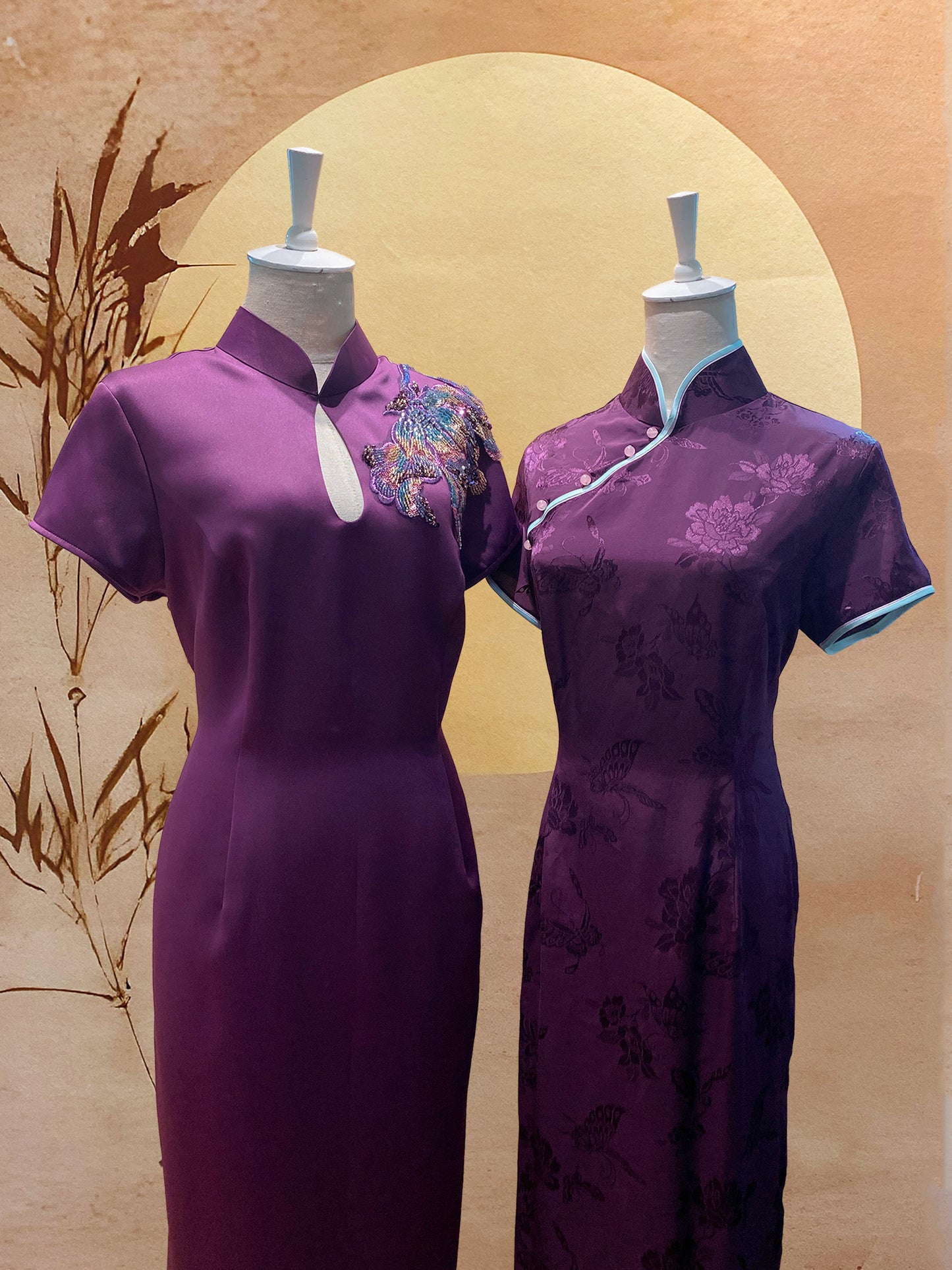 Purple Duchess Satin with Peephole Cheongsam and Chinese Silk with Double Pink & Blue Trimming