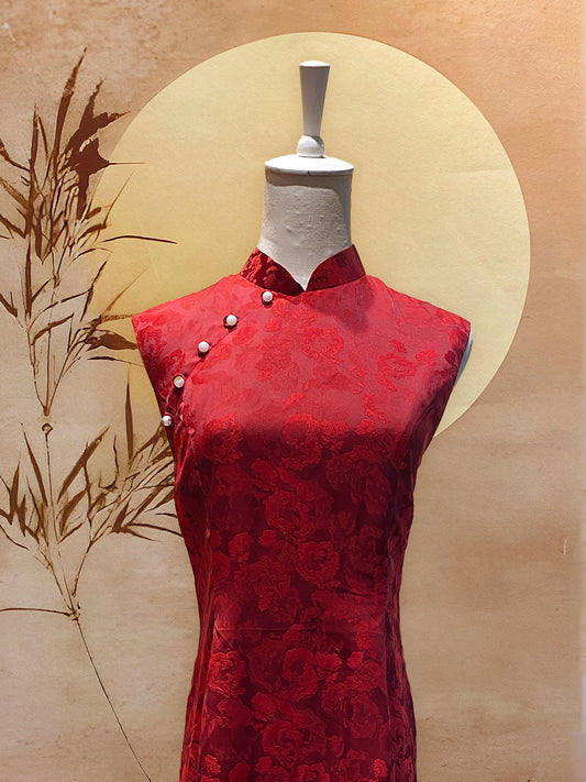 Red Jacquard Flare Cheongsam