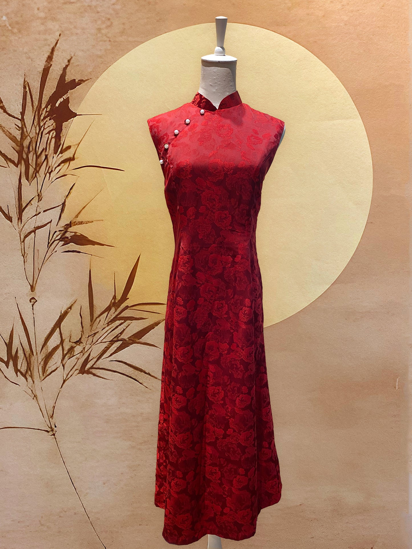 Red Jacquard Flare Cheongsam