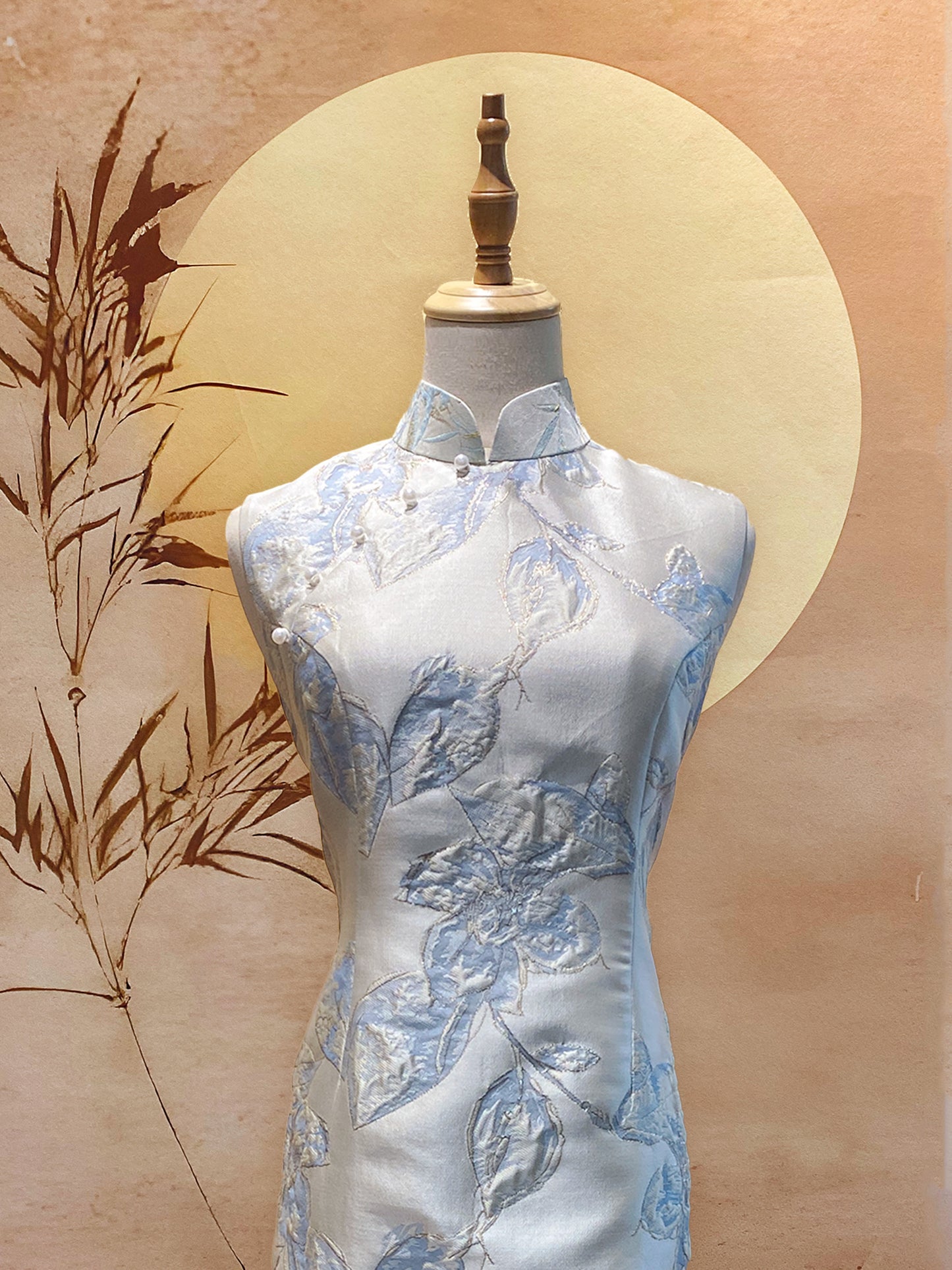 Silver Blue Floral Jacquard Cheongsam