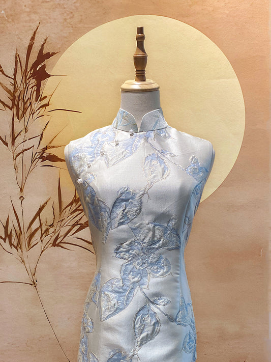 Silver Blue Floral Jacquard Cheongsam