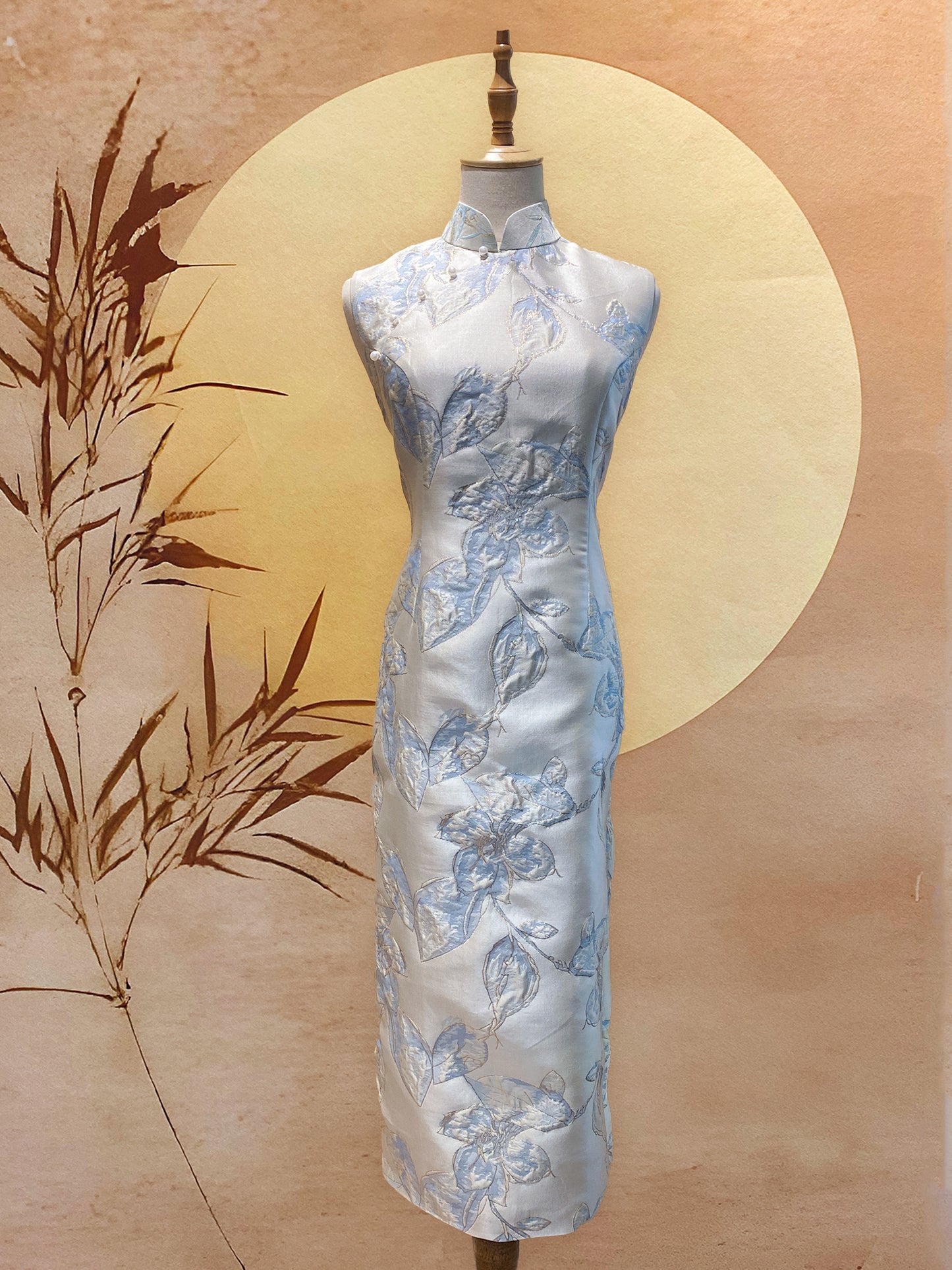 Silver Blue Floral Jacquard Cheongsam
