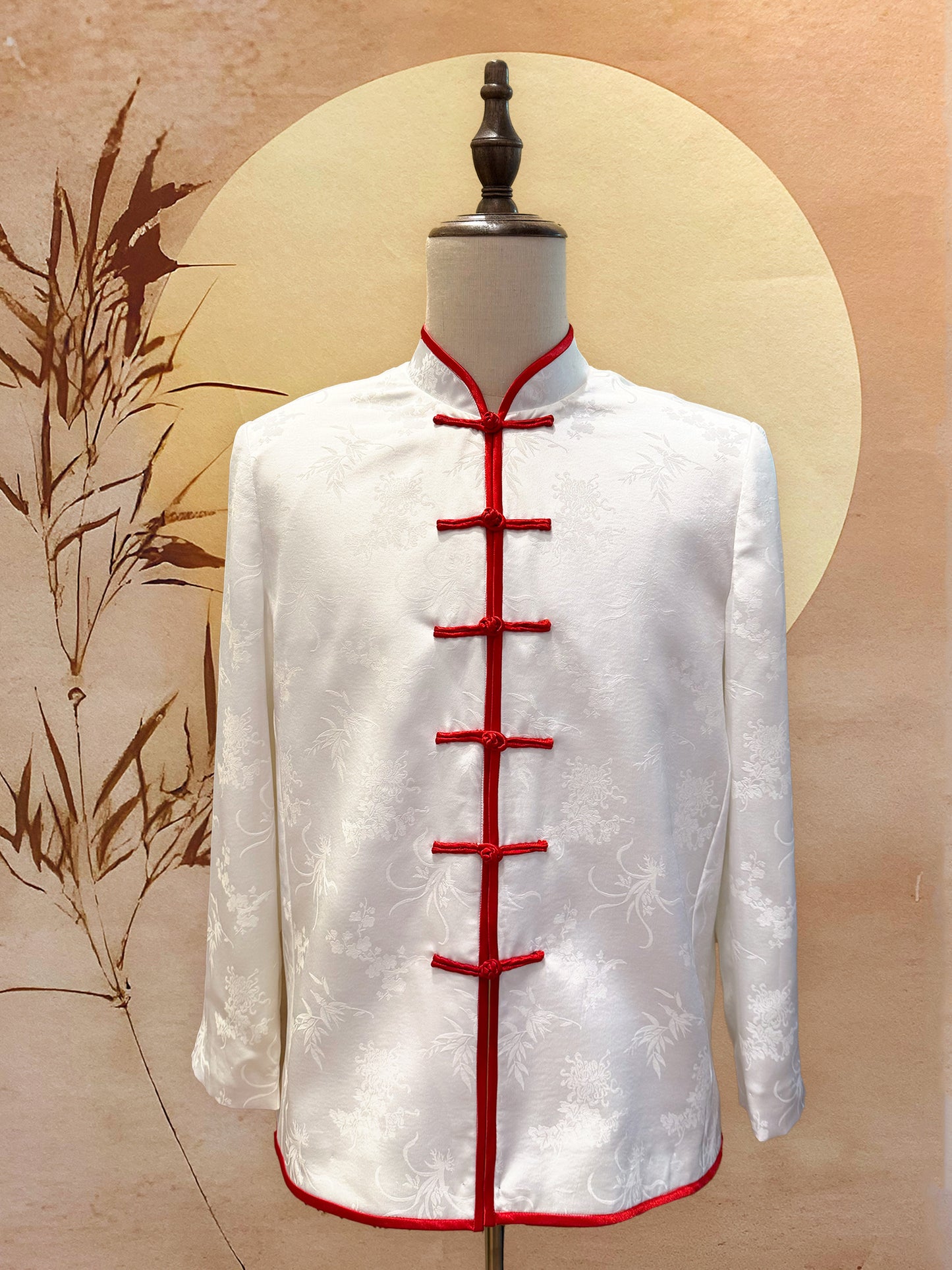White Chinese Silk Tang Shirt with Red Trimming and Frog Knots
