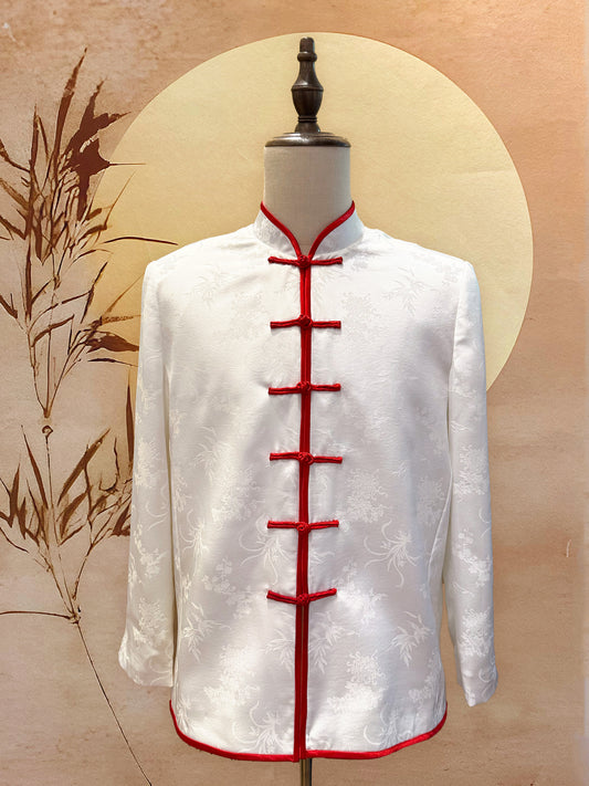 White Chinese Silk Tang Shirt with Red Trimming and Frog Knots