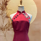 Red Duchess Satin Cheongsam with Front Slit and Floral Appliqué