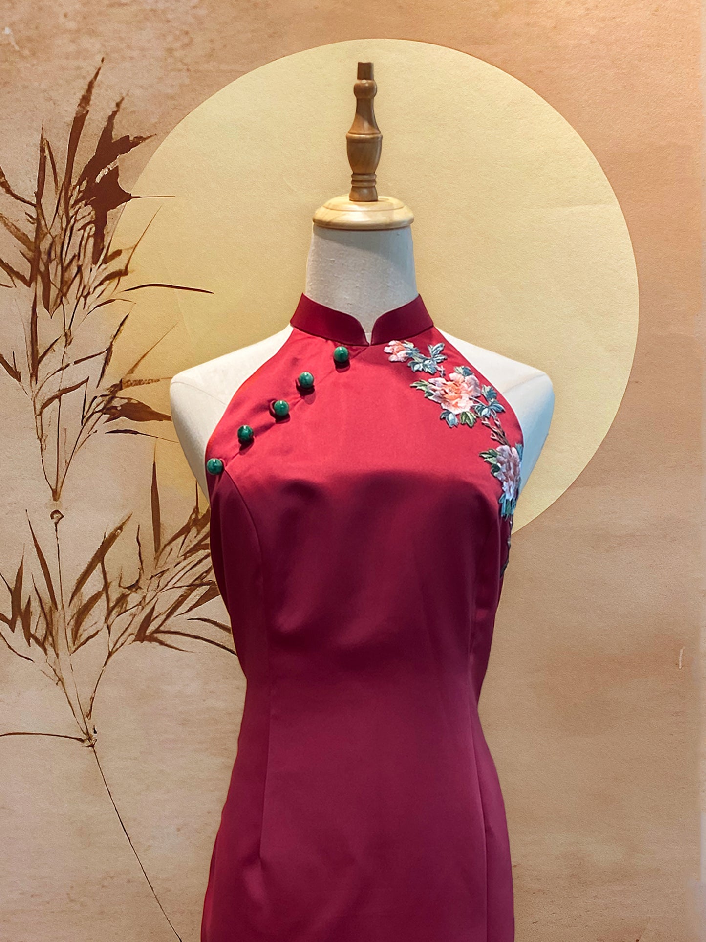 Red Duchess Satin Cheongsam with Front Slit and Floral Appliqué