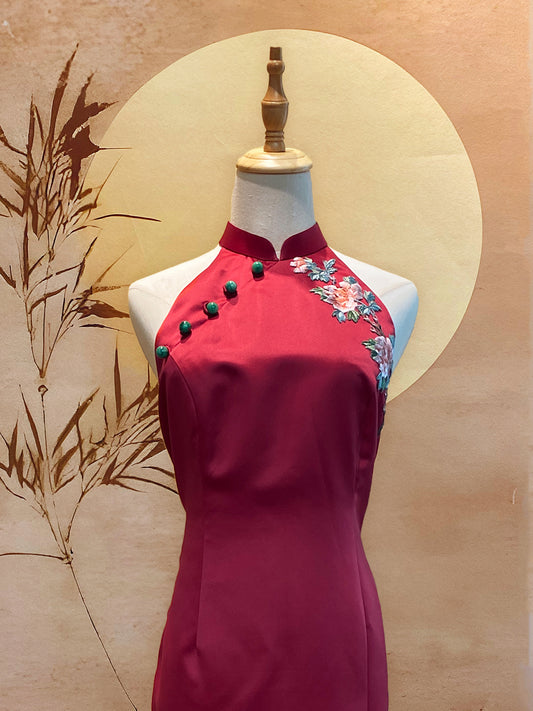 Red Duchess Satin Cheongsam with Front Slit and Floral Appliqué