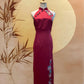 Red Duchess Satin Cheongsam with Front Slit and Floral Appliqué