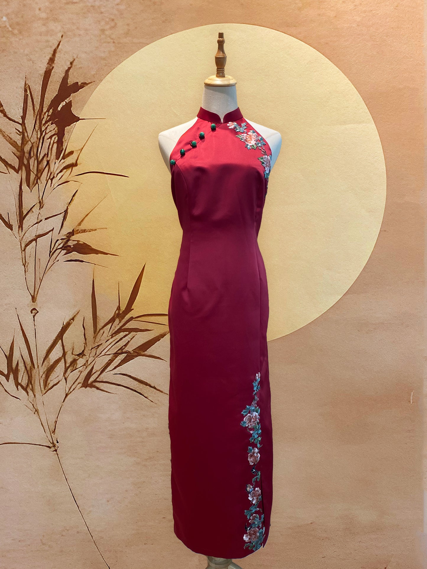 Red Duchess Satin Cheongsam with Front Slit and Floral Appliqué