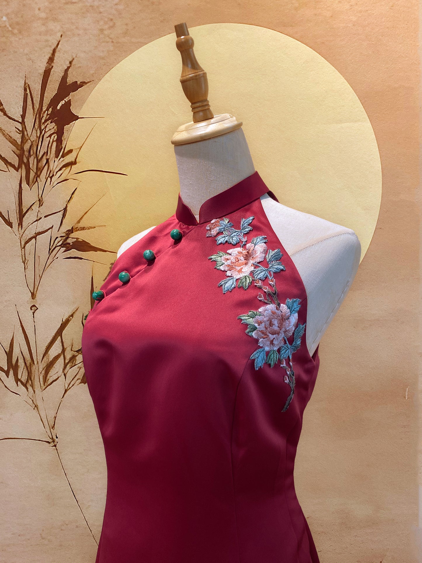 Red Duchess Satin Cheongsam with Front Slit and Floral Appliqué