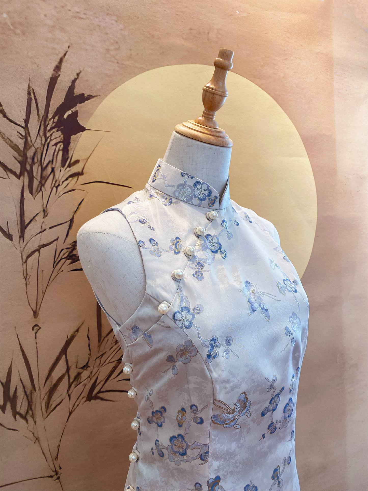 Blue and White Cherry Blossom Jacquard Cheongsam