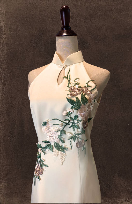 Butter Yellow Halter Cut Cheongsam with Peep Hole